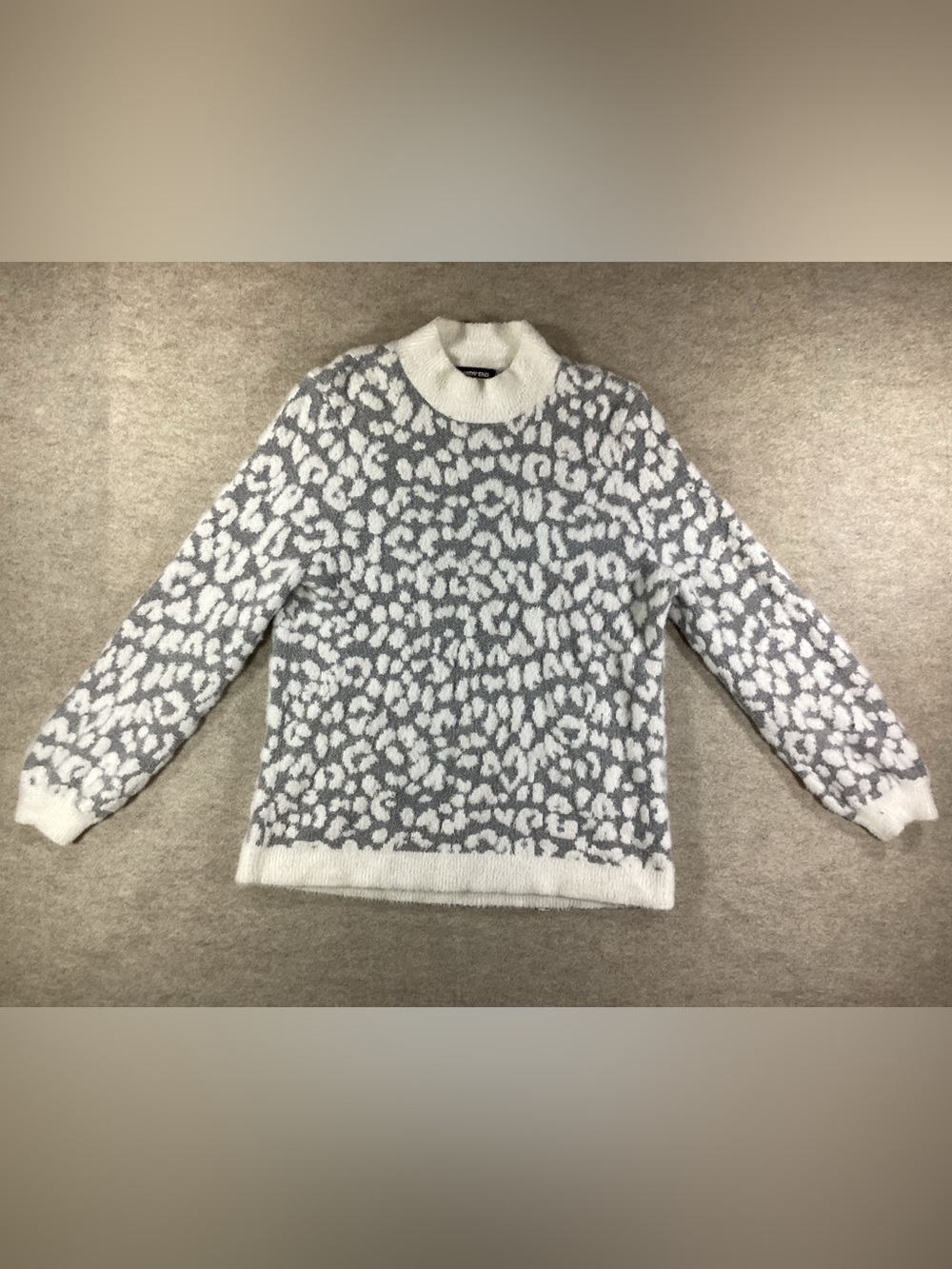 Lands' End Grey and White Leopard-Print Turtleneck Sweater